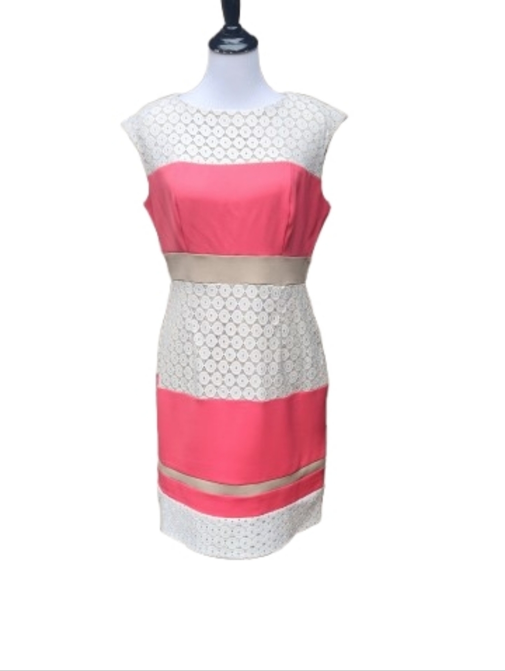 Sandra Darren Mixed Media Color-Block Sheath Dress Coral Red Ivory Lace